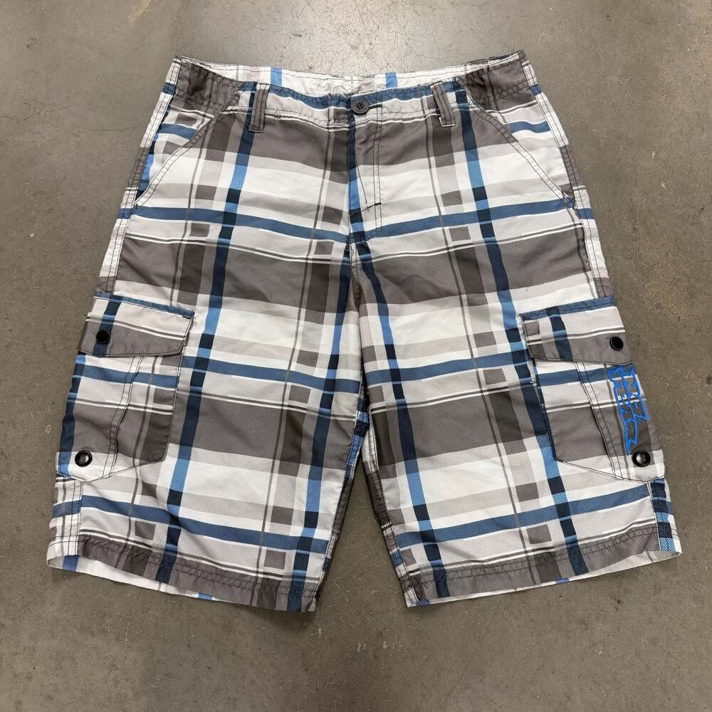 No Fear Plaid Cargo Shorts Y2K Skate Streetwear Blue Gray Size 36